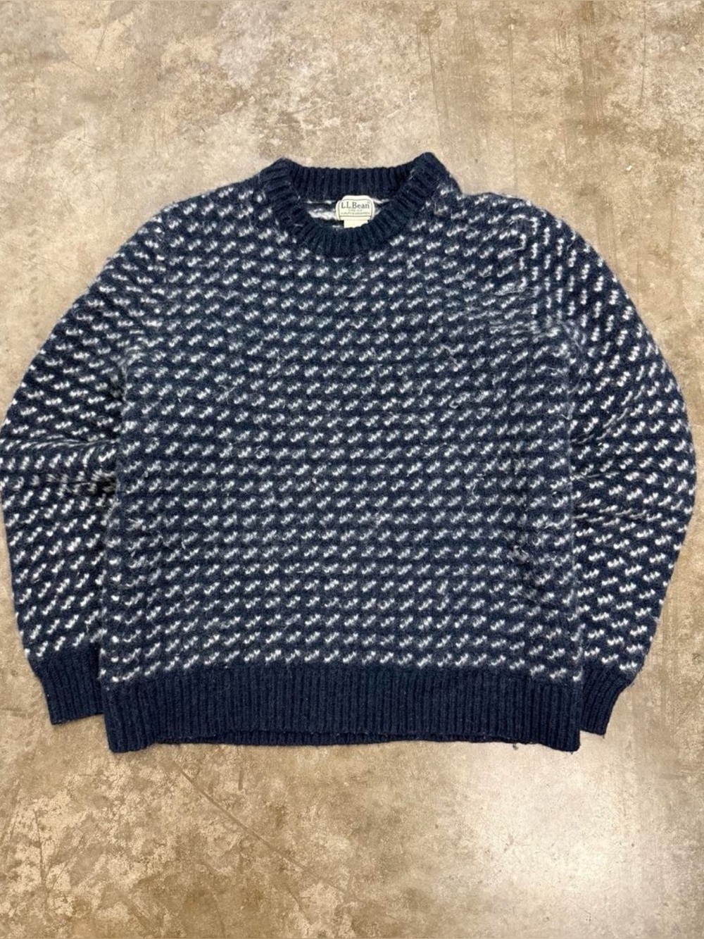 Vintage L.L. Bean Birdseye Crewneck Sweater Navy White Wool Size Large Vintage
